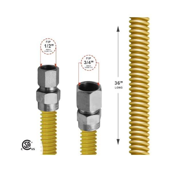 Gas Line Hose 5/8'' O.D.x36'' Len 1/2x3/4 FIP Fittings Yellow Coated Stainless Steel Flexible